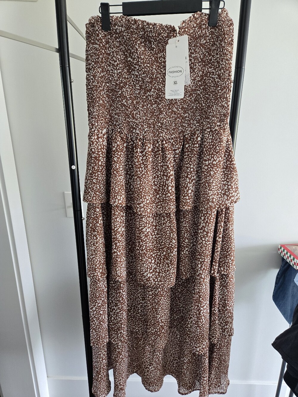 NWT Brown Smocked Strapless Tiered Maxi Dress XL Boho Animal Print